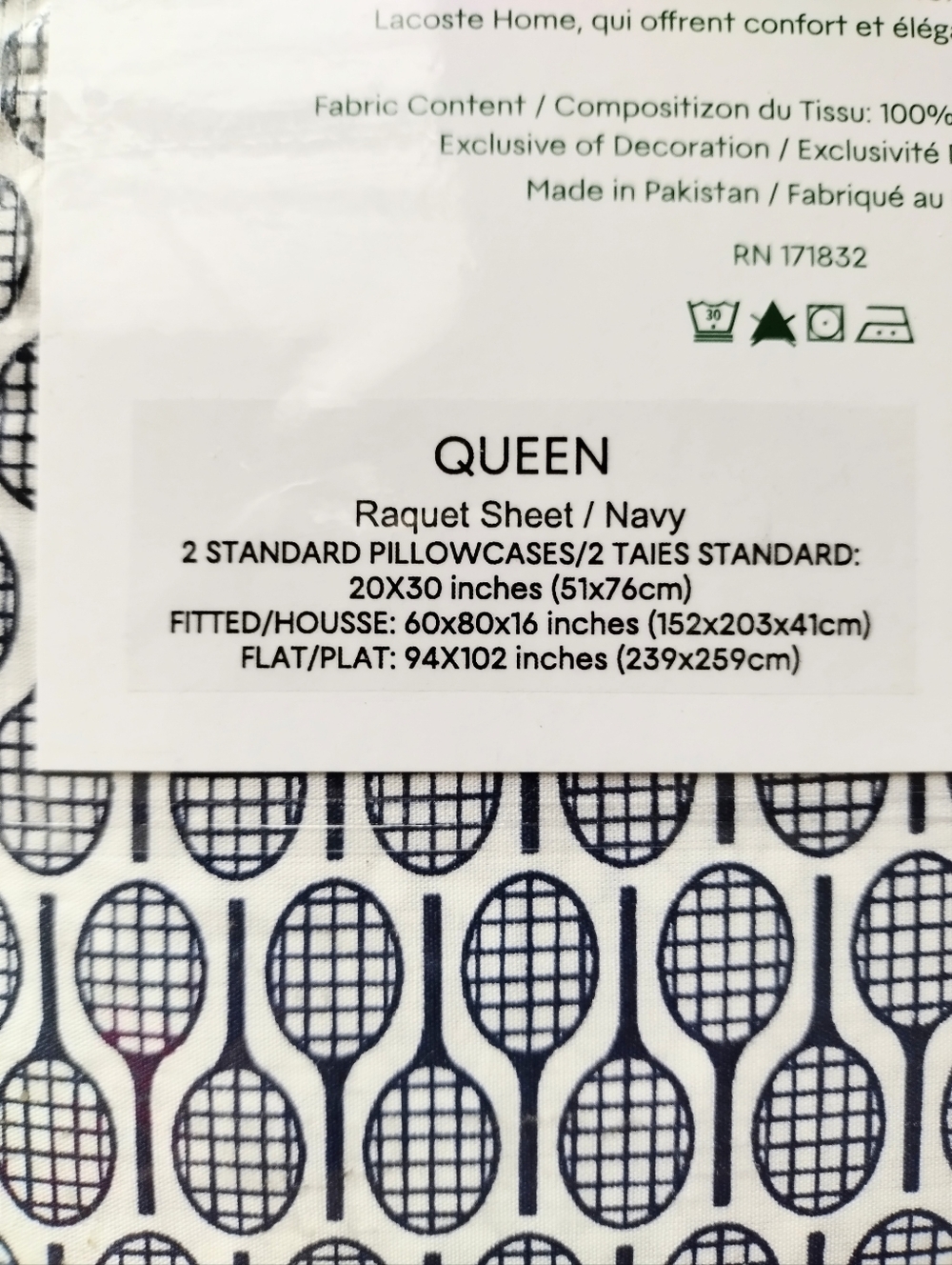 Lacoste Racquet Print Cotton Percale 4-Piece Sheet Set Navy Blue Queen - Picture 7 of 7